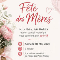 Vous êtes tous cordialement invités à fêter les mamans autour d’un apéritif le samedi 30 mai 2026 à 19h30, à l’école des Petits Malins, salle de la motricité).