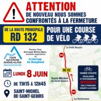 À l’occasion du passage de la course cycliste Auvergne-Rhône-Alpes, la traversée de Saint-Michel sera fermée à la circulation le lundi 8 juin 2026, de 11h15 à 12h45. Le passage du peloton est prévu vers 12h10.